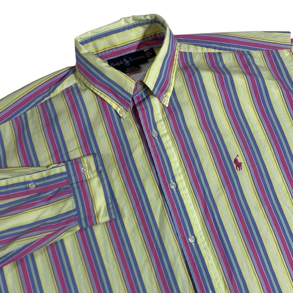 Vtg 90s Polo Ralph Lauren‎ Pastel Shirt Men's L Mulitcolor Stripe Colorful Blake